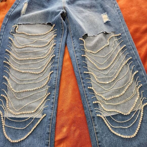Kiwi Denim - Kiwi Denim Jeans Size Large Blue Color Drop Rhinestones.